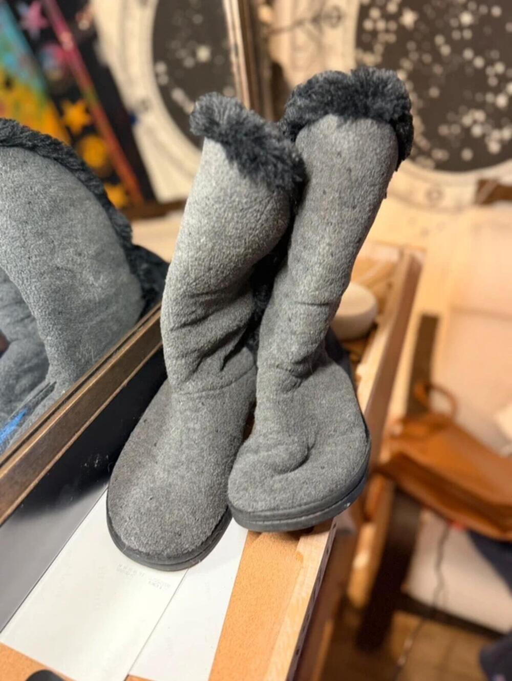 Walmart Brand Gray and Black Faux Fur Slipper Boots